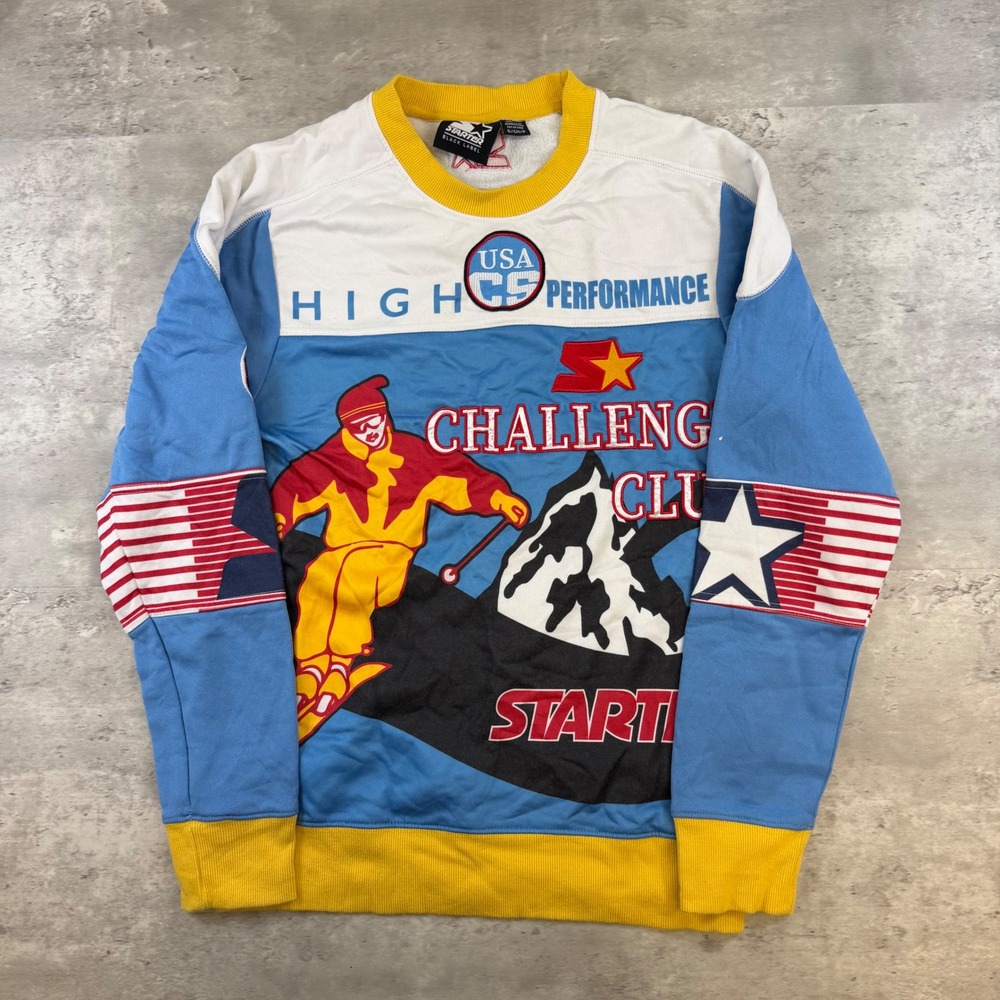 Starter Black Label Mens Small Retro Ski Graphic Crewneck Sweatshirt Blue Yellow